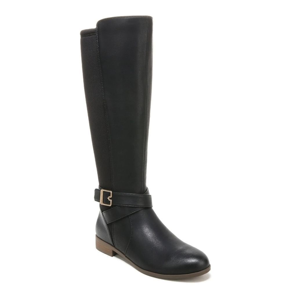 New Dr Scholl's Rate Tall Boot black leather knee-high riding boot elastic 6